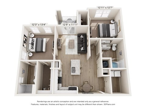 Floor plan for 2 beds, 2 baths, 1064 sqft